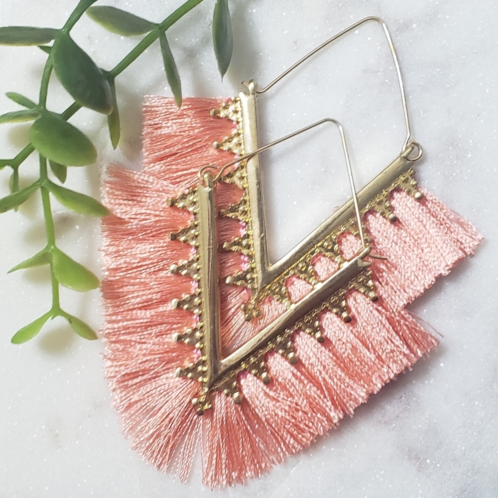 Coral and Gold Fringe Earrings